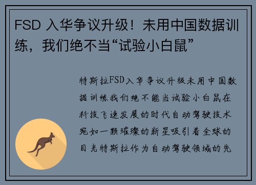 FSD 入华争议升级！未用中国数据训练，我们绝不当“试验小白鼠”