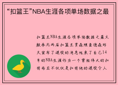 “扣篮王”NBA生涯各项单场数据之最