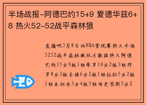 半场战报-阿德巴约15+9 爱德华兹6+8 热火52-52战平森林狼