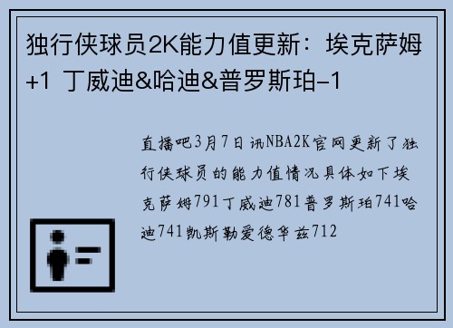 独行侠球员2K能力值更新：埃克萨姆+1 丁威迪&哈迪&普罗斯珀-1