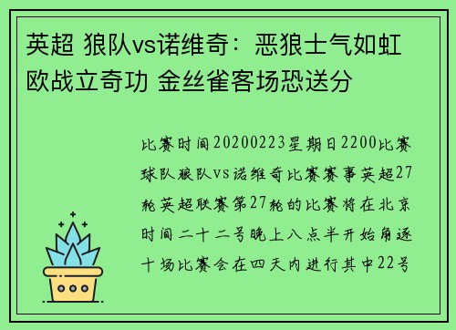 英超 狼队vs诺维奇：恶狼士气如虹 欧战立奇功 金丝雀客场恐送分